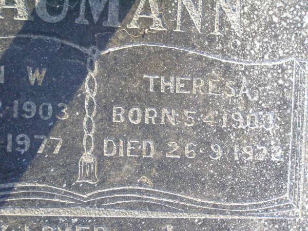 Herman W. NAUMANN,  | born 15-2-1903 died 5-8-1977;  | Theresa NAUMANN,  | born 5-4-1903 died 26-9-1972;  | Caffey Cemetery, Gatton Shire  | 