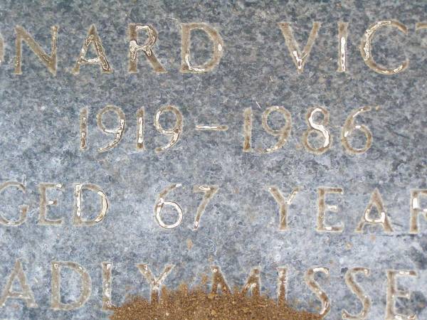 Leonard Victor OST,  | 1919 - 1986 aged 67 years;  | Caffey Cemetery, Gatton Shire  | 