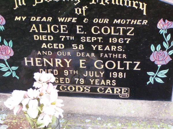 Alice E. GOLTZ, wife mother,  | died 7 Sept 1967 aged 58 years;  | Henry E. GOLTZ, father,  | died 9 July 1981 aged 79 years;  | --  | Alice Elizabeth GOLTZ  | research contact: J HOGER  |   | Caffey Cemetery, Gatton Shire  | 