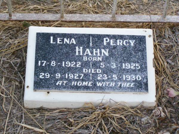 Lena HAHN,  | born 17-8-1922 died 29-9-1927;  | Percy HAHN,  | born 5-3-1925 died 23-5-1930;  | Caffey Cemetery, Gatton Shire  | 