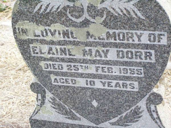 Elaine May DORR,  | died 25 Feb 1955 aged 10 years;  | Caffey Cemetery, Gatton Shire  | 