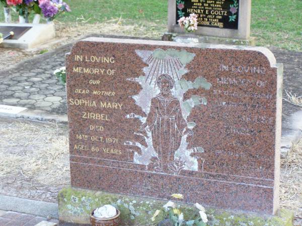 Sophia Mary ZIRBEL, mother,  | died 14 Oct 1971 aged 80 years;  | Carl August ZIRBEL, husband father,  | died 26 Mar 1962 aged 79 years;  | Caffey Cemetery, Gatton Shire  | 