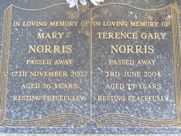 Mary NORRIS,  | died 17 Nov 2002 aged 56 years;  | Terence Gary NORRIS,  | died 3 June 2004 aged 75 years;  | Caffey Cemetery, Gatton Shire  | 