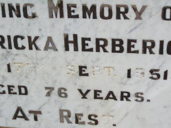 Fredericka HERBERICH,  | died 17 Sept 1951 aged 76 years;  | Caffey Cemetery, Gatton Shire  | 