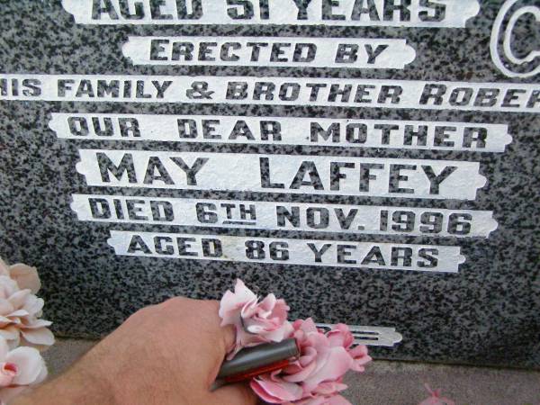 George LAFFEY, husband father,  | died 3 Nov 1955 aged 51 years,  | erected by family & brother Robert;  | May LAFFEY, mother,  | died 6 Nov 1996 aged 86 years;  | Caffey Cemetery, Gatton Shire  | 