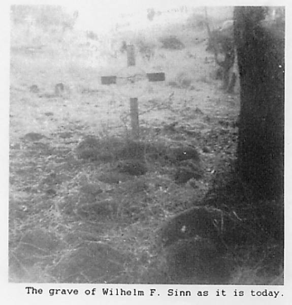  Here lies a pioneer  (on a property burial cemetery near Mount Sylvia)  | William F SINN  | died 1895, aged 56  | (a.k.a. Wilhelm F SINN. wife: Helene SINN)  | 