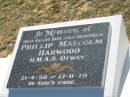 
Phillip Malcolm HARWOOD,
son brother,
HMAS Otway,
21-4-58 - 17-11-78;
Canungra Cemetery, Beaudesert Shire
