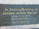 Arthur Joseph MALLOY, died 7-2-1979 aged 65 years; Mary MALLOY, died 27-12-94 aged 77 years; Canungra Cemetery, Beaudesert Shire 