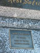 
Arthur Joseph MALLOY,
died 7-2-1979 aged 65 years;
Mary MALLOY,
died 27-12-94 aged 77 years;
Canungra Cemetery, Beaudesert Shire
