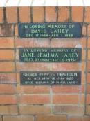 David LAHEY, 17 Dec 1858 - 1 Aug 1942; Jane Jemima LAHEY, 27 Sept 1860 - 9 Sept 1940; George Duncan DENHOLM, 10 Oct 1899 - 16 Mar 1955, husband of Mavis LAHEY; Canungra Cemetery, Beaudesert Shire 