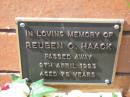 
Reuben O. HAACK,
died 9 April 1993 aged 75 years;
Canungra Cemetery, Beaudesert Shire
