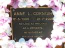 Anne L. CORNISH, mother, 12-5-1935 - 21-7-2001; Canungra Cemetery, Beaudesert Shire 