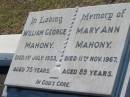 William George MAHONY, died 1 July 1953 aged 75 years; Mary Ann MAHONY, died 11 Nov 1967 aged 89 years; Canungra Cemetery, Beaudesert Shire 
