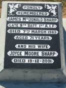 James McDonald SHARP, died 7 March 1963 aged 71 years; Joyce Moore SHARP, wife, died 19-12-2001; Canungra Cemetery, Beaudesert Shire 