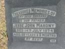 
Jess John MAHONY, husband father,
died 14 July 1974 aged 89 years & 9 months;
Canungra Cemetery, Beaudesert Shire
