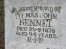 
Thomas John BENNET,
died 26-8-1975 aged 94 years;
Canungra Cemetery, Beaudesert Shire
