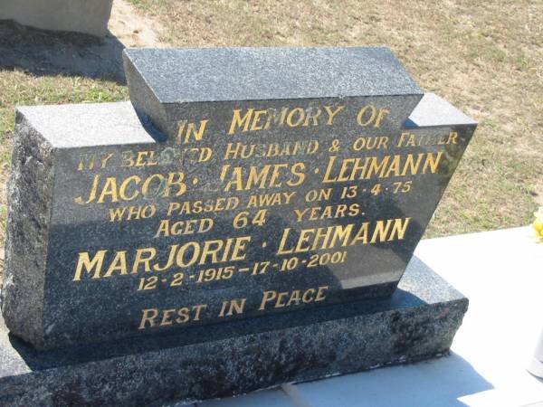 Jacob James LEHMANN, husband father,  | died 13-4-75 aged 64 years;  | Marjorie LEHMANN,  | 12-2-1915 - 17-10-2001;  | Canungra Cemetery, Beaudesert Shire  | 