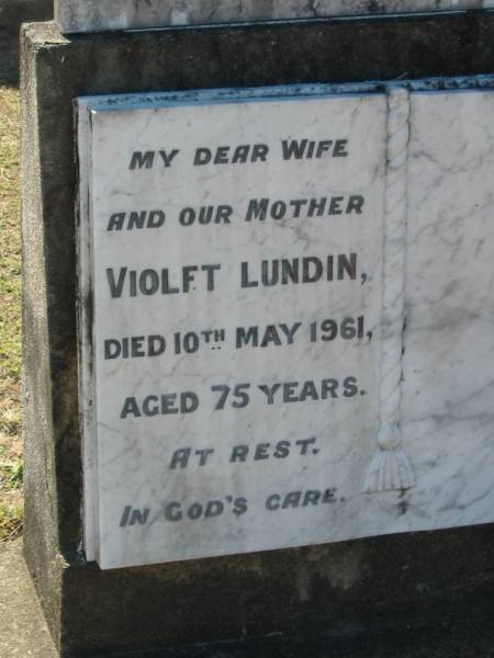 Violet LUNDIN, wife mother,  | died 10 May 1961 aged 75 years;  | Canungra Cemetery, Beaudesert Shire  | 