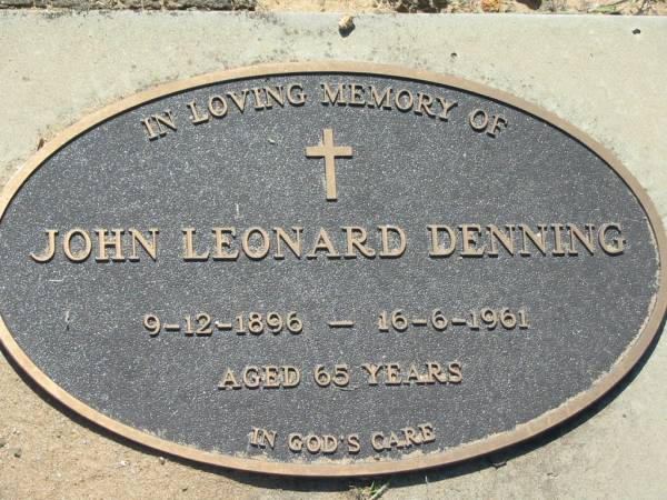 John Leonard DENNING,  | 9-12-1896 - 16-61961 aged 65 years;  | Canungra Cemetery, Beaudesert Shire  | 