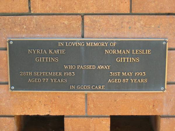 Nyria Katie GITTINS,  | died 28 Sept 1983 aged 77 years;  | Norman Leslie GITTINS,  | died 31 May 1993 aged 87 years;  | Canungra Cemetery, Beaudesert Shire  | 
