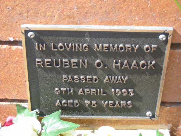 Reuben O. HAACK,  | died 9 April 1993 aged 75 years;  | Canungra Cemetery, Beaudesert Shire  | 