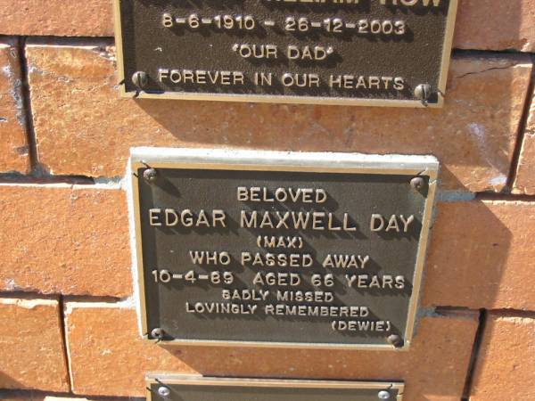 Edgar Maxwell (Max) DAY,  | died 10-4-89 aged 66 years,  | remembered by Dewie;  | Canungra Cemetery, Beaudesert Shire  | 