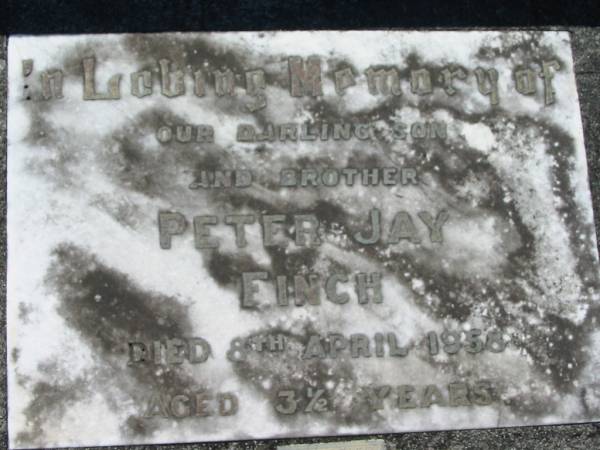 Peter Jay FINCH,  | son brother,  | died 8 April 1958 aged 3 & 1/2 years;  | Canungra Cemetery, Beaudesert Shire  | 