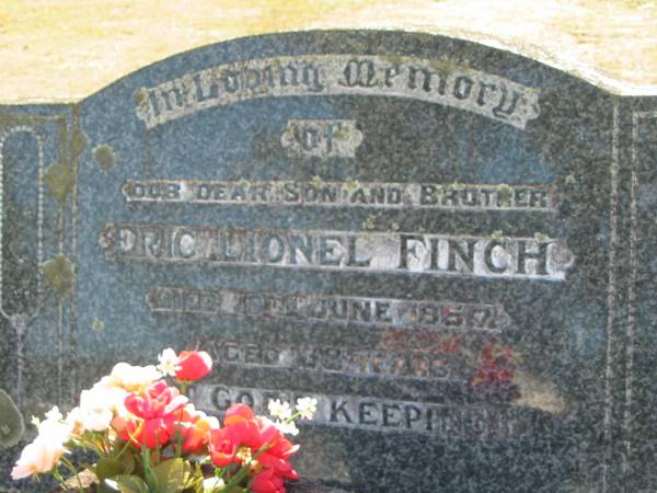 Eric Lionel FINCH,  | son brother,  | died 19 June 1957 aged 38 years;  | Canungra Cemetery, Beaudesert Shire  | 