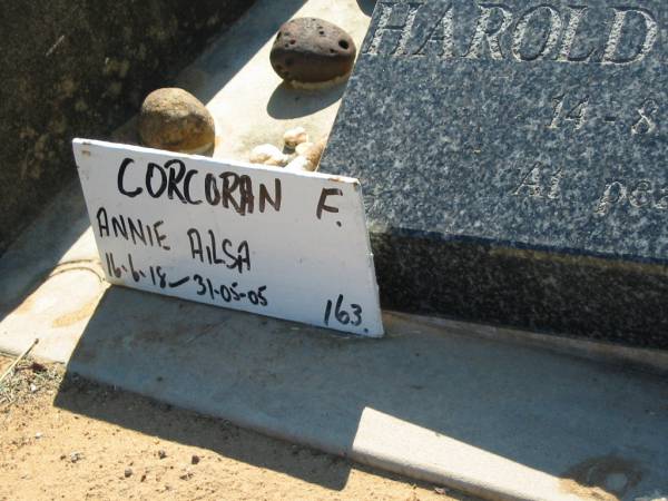 Harold Simon CORCORAN,  | father grandfather brother,  | 14-8-1916? - 6-5-2000;  | CORCORAN, Annie Ailsa,  | 16-6-18 - 31-05-05;  | Canungra Cemetery, Beaudesert Shire  | 