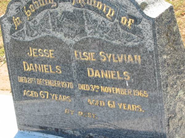 Jesse DANIELS,  | died 21 Dec 1970 aged 67 years;  | Elsie Sylvian DANIELS,  | died 3 Nov 1965 aged 61 years;  | Canungra Cemetery, Beaudesert Shire  | 