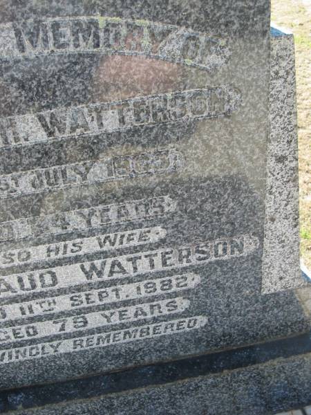 Norman H. WATTERSON,  | died 1 July 1963 aged 64 years;  | Ivy Maud WATTERSON, wife,  | died 11 Sept 1982 aged 79 years;  | Canungra Cemetery, Beaudesert Shire  | 