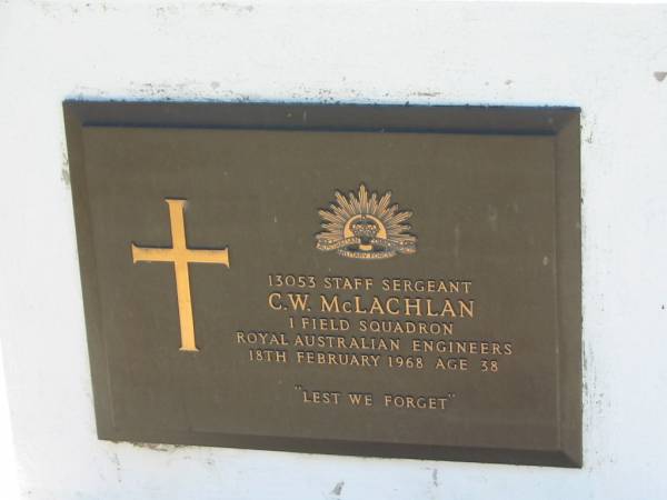 C.W. MCLACHLAN,  | 18 Feb 1968 aged 38;  | Canungra Cemetery, Beaudesert Shire  | 