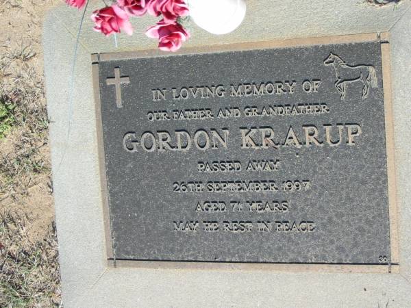 Gordon KRARUP, father grandfather,  | died 26 Sept 1997 aged 71 years;  | Canungra Cemetery, Beaudesert Shire  | 