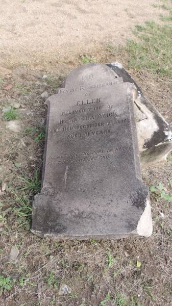 Ellen (CHADWICK)  | d: 3 Dec 1902 aged 61  | wife of Hy J CHADWICK  |   | Cawarral Cemetery  |   | 