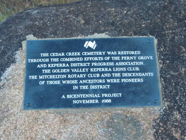 Cedar Creek Cemetery, Ferny Grove, Brisbane  |   | 