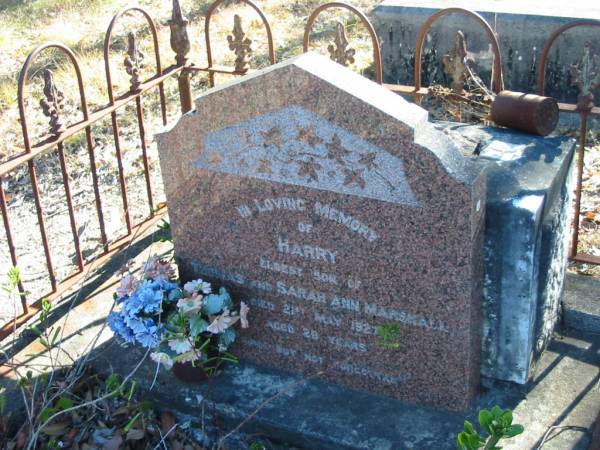 Harry  | Eldest son of Thomas and Sarah Ann MARSHALL  | 21 May 1927  | aged 28  |   | Cedar Creek Cemetery, Ferny Grove, Brisbane  |   | 