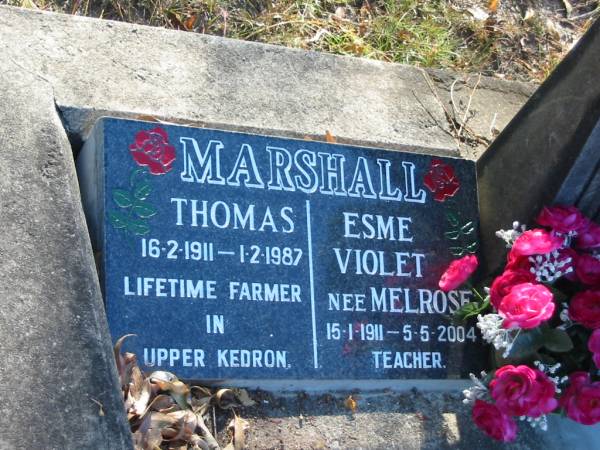 Thomas MARSHALL,  | 16-2-1911 to 1-2-1987  | Esme Violet MARSHALL (nee Melrose)  | 15-1-1911 to 5-5-2004  |   | Cedar Creek Cemetery, Ferny Grove, Brisbane  |   | 