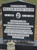 
son William David TACON 1-5-1987 - 11-10-1997;
Chambers Flat Cemetery, Beaudesert
