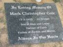 
Mark Christopher GALE 17-3-1975 - 31-3-1997, son of Alan and Lesley, partner of Carol, father of Jordan and Martin;
Chambers Flat Cemetery, Beaudesert
