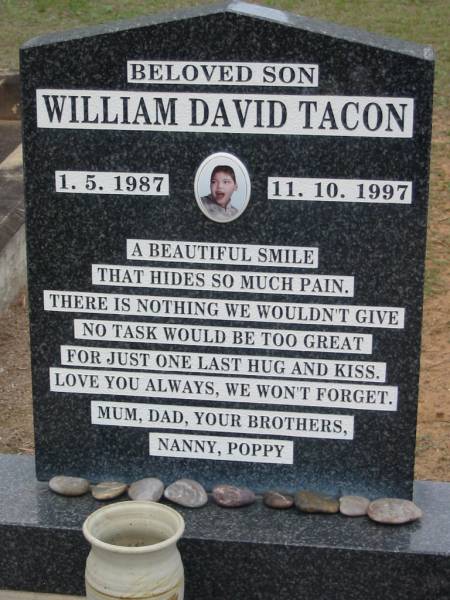 son William David TACON 1-5-1987 - 11-10-1997;  | Chambers Flat Cemetery, Beaudesert  | 