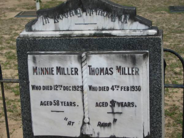 Minnie MILLER died 12 Dec 1929 aged 58 years;  | Thomas MILLER died 4 Feb 1930 aged 57 years;  | Chambers Flat Cemetery, Beaudesert  | 