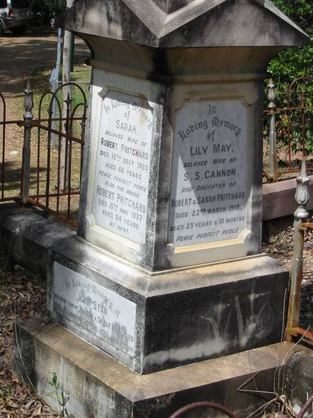 Lily May Cannon (wife of S.S. CANNON)  | (nee Pritchard) (daughter of Robert and Sarah)  | 22 Mar 1918 aged 23 yrs and 10 months  | Chapel Hill Uniting (formerly Methodist) Cemetery - Brisbane  |   | 