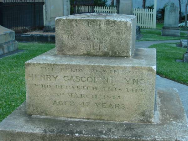 Julia wife of Henry Gascoigne LYNDE died 3 Mar 1873 aged 47 years,  | Christ Church (Anglican), Milton, Brisbane  | 