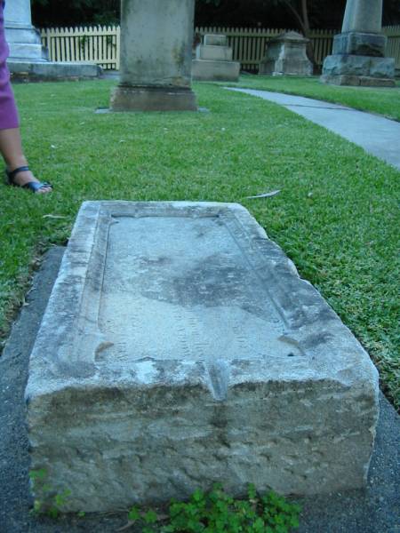 Sacred to the memory of  | Patrick MAYNE died 17th August 1865?  | aged 41 years,  | leaving a ?? 5 children to lament their loss  | This stone is erected ??? widow  |           Mary MAYNE  | In memory ..INA ...A  | daughter of ?? trick & ?? Mayne... sbane.  |        Aged 7? Months  ? Days  |   | Christ Church (Anglican), Milton, Brisbane  | [daughter is probably Evelina Selina 1853-1854,  | Patrick & daughter Evelina are believed to be re-interred in Toowong Cemetery in 1889]  | 