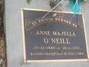 
Anne Majella ONEILL,
27-12-1949 - 26-1-2000;
Sacred Heart Catholic Church, Christmas Creek, Beaudesert Shire

