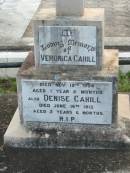 
Veronica CAHILL,
died 19 Nov 1904 aged 1 year 5 months;
Denise CAHILL,
died 16 June 1912 aged 2 years 6 months;
Sacred Heart Catholic Church, Christmas Creek, Beaudesert Shire
