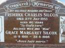 
Frederick Charles SILCOX, husband daddy,
died 27 July 1953 aged 60 years;
Grace Margaret SILCOX, wife mum,
15-8-1901 - 23-8-1998;
Sacred Heart Catholic Church, Christmas Creek, Beaudesert Shire
