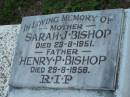 
Sarah J. BISHOP, mother,
died 23-8-1951;
Henry P. BISHOP, father,
died 29-8-1958;
Sacred Heart Catholic Church, Christmas Creek, Beaudesert Shire
