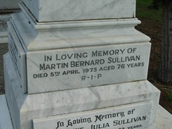 Martin SULLIVAN,  | born County Clare, Ireland,  | died Christmas Creek 29 March 1904 aged 68 years;  | Mary Elizabeth, wife of Martin SULLIVAN,  | died 2 Feb 1921 aged 55 years;  | Martin Bernard SULLIVAN,  | died 5 April 1973 aged 76 years;  | Josephine Julia SULLIVAN,  | died 17 Nov 1996 aged 93 years;  | Sacred Heart Catholic Church, Christmas Creek, Beaudesert Shire  | 