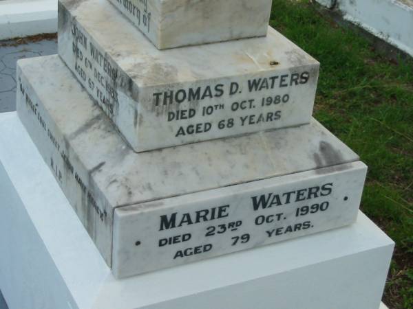 John WATERS,  | died 6 Dec 1933 aged 67 years;  | Margaret WATERS, mother,  | died 14 Nov 1955 aged 79 years;  | Thomas D. WATERS,  | died 10 Oct 1980 aged 68 years;  | Marie WATERS,  | died 23 Oct 1990 aged 79 years;  | Sacred Heart Catholic Church, Christmas Creek, Beaudesert Shire  | 